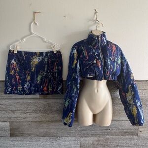 Shane Justin Cropped Puffer Jacket & Mini Skirt Splatter Print Size XL (J1)